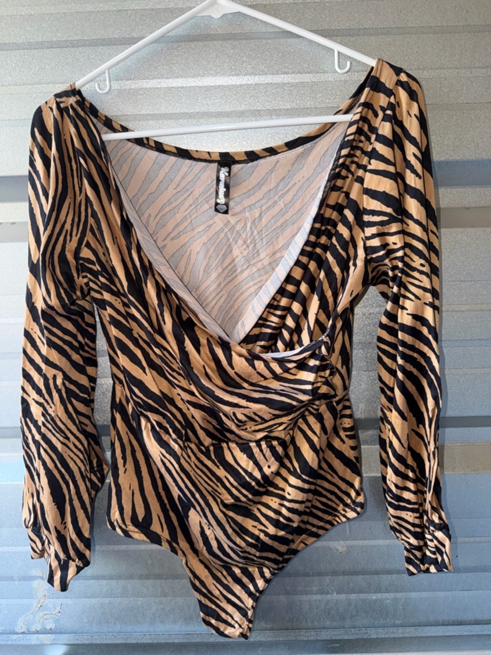 Women's Animal Print Surplice Bodysuit in Tan and Black